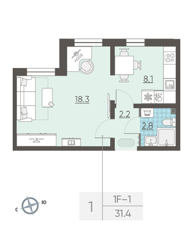 Однокомнатная квартира 31.4 м²