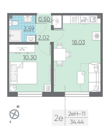 Однокомнатная квартира 34.44 м²