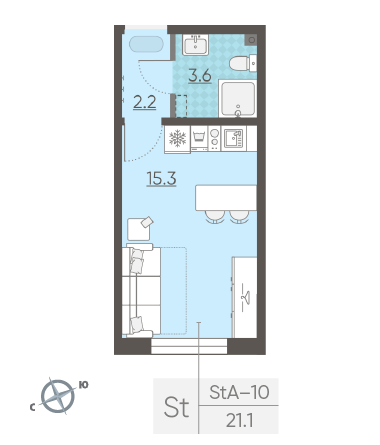 Студия 21.1 м²