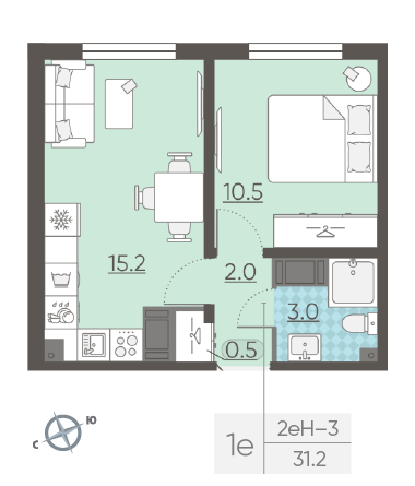 Однокомнатная квартира 31.2 м²