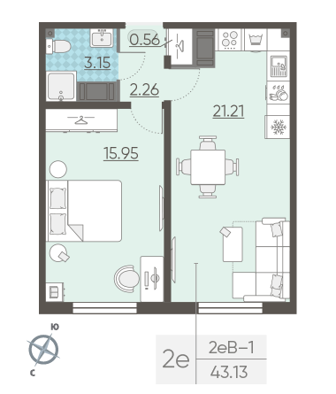 Однокомнатная квартира 43.13 м²