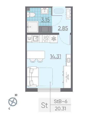 Студия 20.31 м²