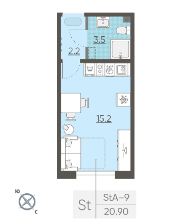 Студия 20.9 м²