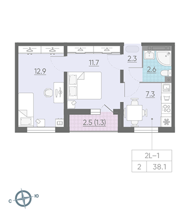 Двухкомнатная квартира 38.1 м²