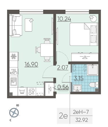 Однокомнатная квартира 32.92 м²