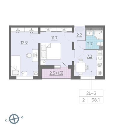 Двухкомнатная квартира 38.1 м²