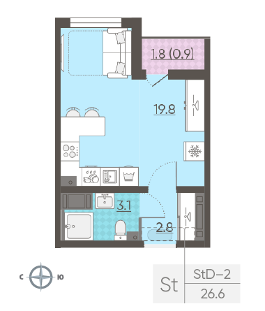 Студия 26.6 м²
