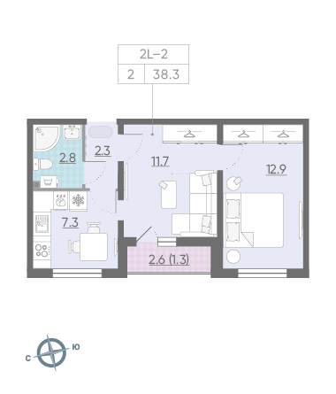 Двухкомнатная квартира 38.3 м²