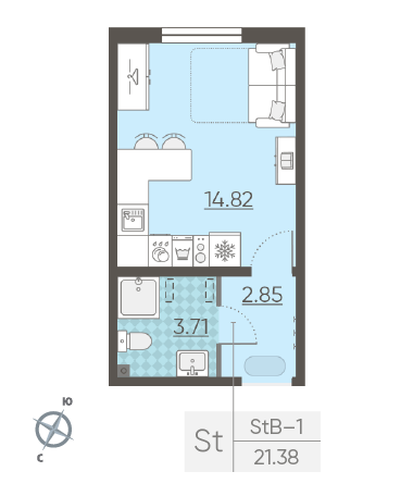 Студия 21.38 м²