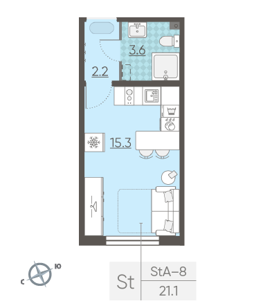 Студия 21.1 м²