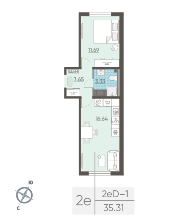Однокомнатная квартира 35.31 м²
