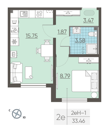 Однокомнатная квартира 33.46 м²