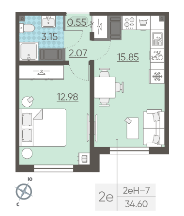 Однокомнатная квартира 34.6 м²