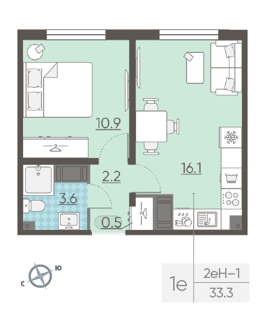 Однокомнатная квартира 33.3 м²