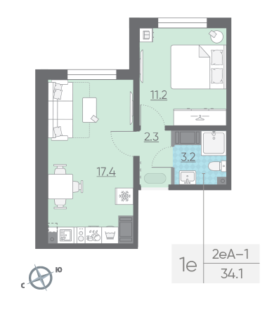 Однокомнатная квартира 34.1 м²