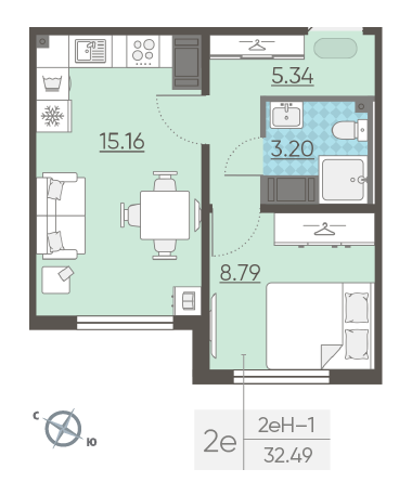 Однокомнатная квартира 32.49 м²