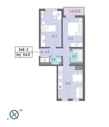 Двухкомнатная квартира 51.7 м²
