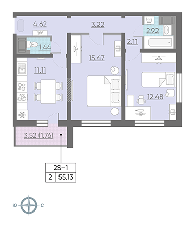 Двухкомнатная квартира 55.3 м²