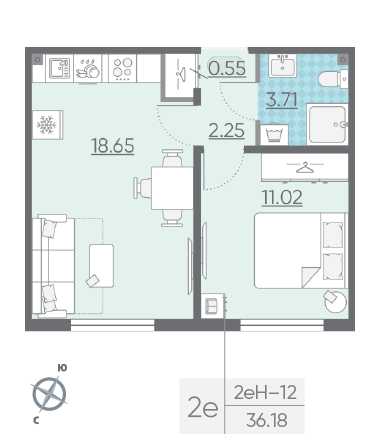 Однокомнатная квартира 36.18 м²