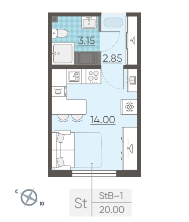 Студия 20 м²