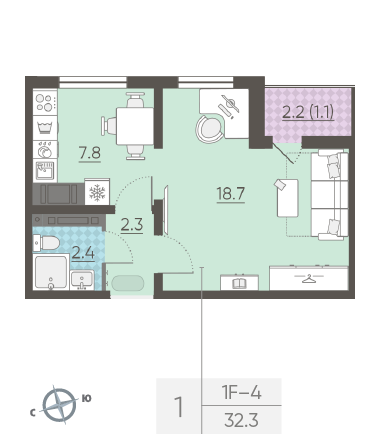 Однокомнатная квартира 32.3 м²