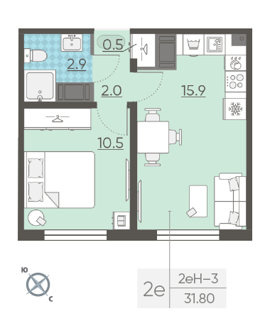 Однокомнатная квартира 31.8 м²