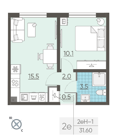 Однокомнатная квартира 31.6 м²
