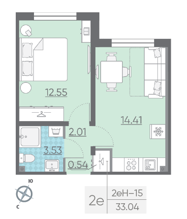 Однокомнатная квартира 33.04 м²