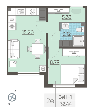 Однокомнатная квартира 32.44 м²