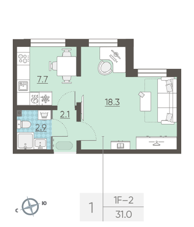 Однокомнатная квартира 31 м²