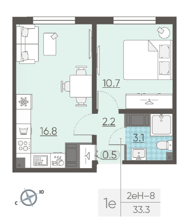 Однокомнатная квартира 33.3 м²