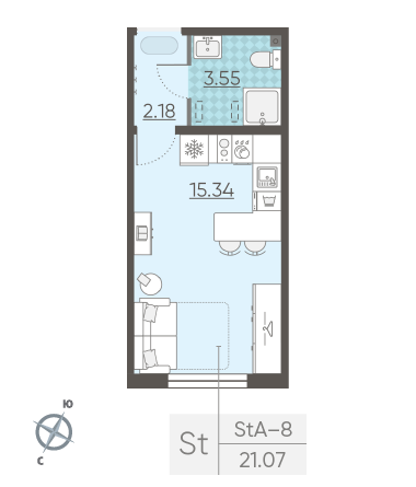 Студия 21.07 м²