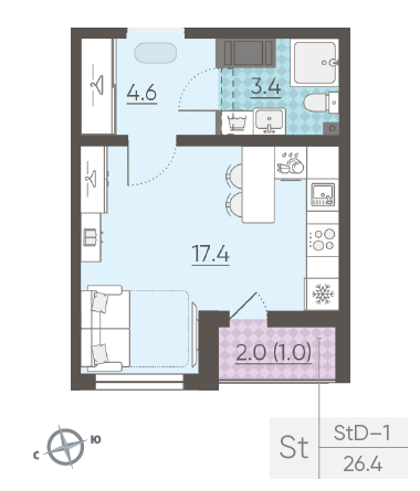 Студия 26.4 м²