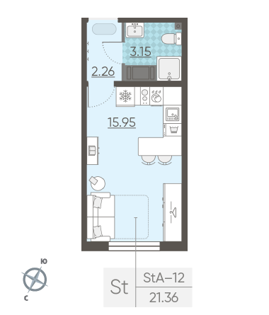 Студия 21.36 м²