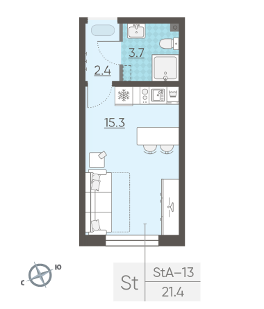 Студия 21.4 м²