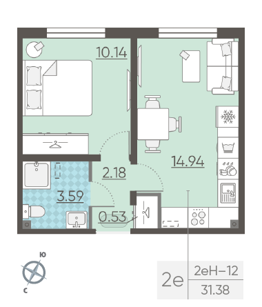 Однокомнатная квартира 31.38 м²