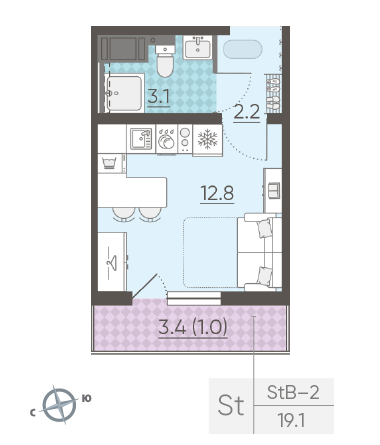 Студия 19.1 м²