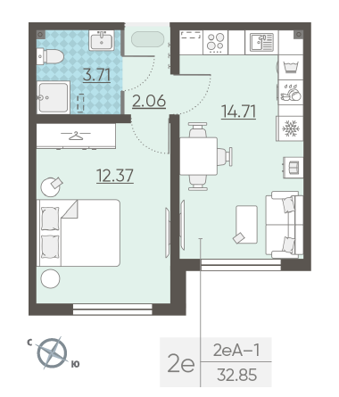 Однокомнатная квартира 32.85 м²