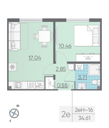 Однокомнатная квартира 34.61 м²