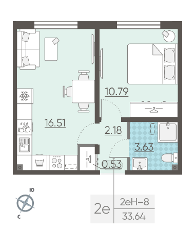 Однокомнатная квартира 33.64 м²