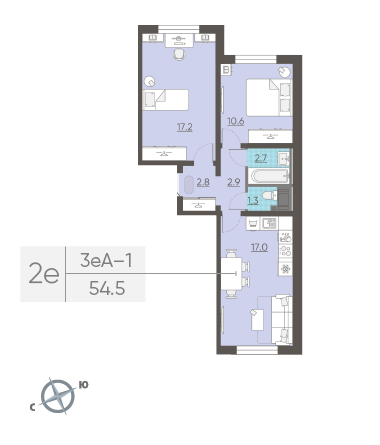 Двухкомнатная квартира 54.5 м²