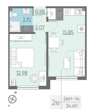 Однокомнатная квартира 34.6 м²