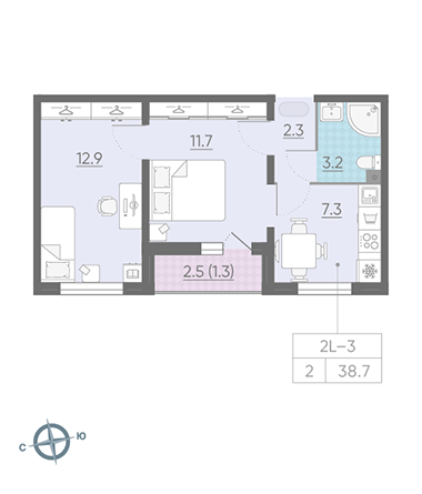 Двухкомнатная квартира 38.7 м²