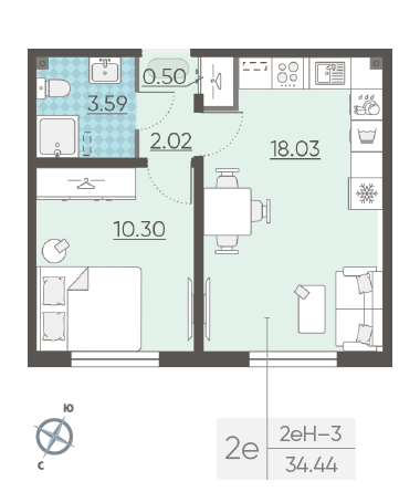 Однокомнатная квартира 34.44 м²