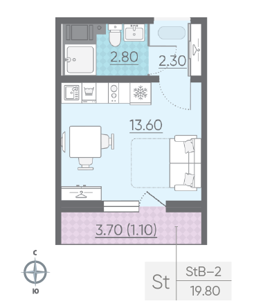 Студия 19.8 м²