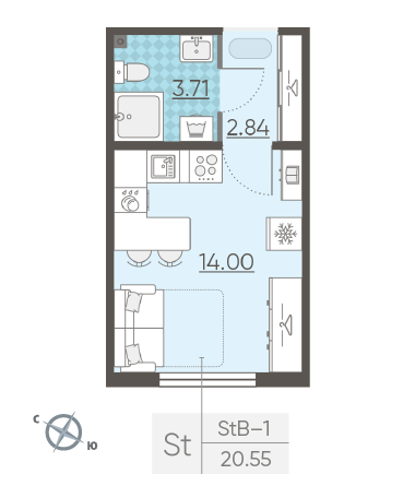 Студия 20.55 м²