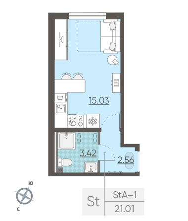 Студия 21.01 м²