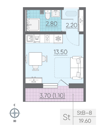 Студия 19.6 м²