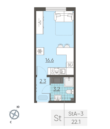 Студия 22.1 м²