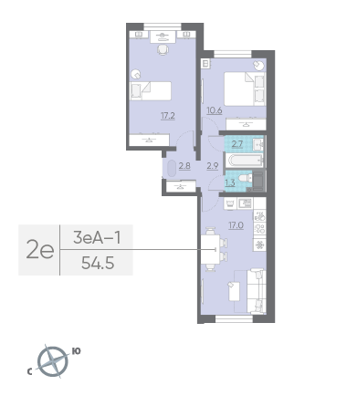 Двухкомнатная квартира 54.5 м²